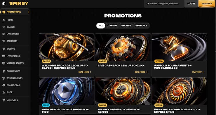 Featured promos on Spinsy, a top online sports betting option for online gambling Australia players.